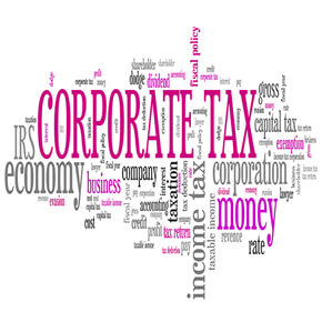 A group of words saying corporate tax, money, corporation, economy, IRS and more