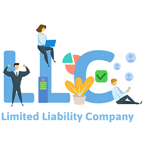 Blue letters two L's and one C, a man standing in front of an L, a woman sitting on top of an L and a plant, checkmark and man sitting on the ground - words Limited Liability Company
