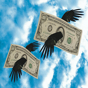 Two sets of bird wings carrying 100 dollar bills away