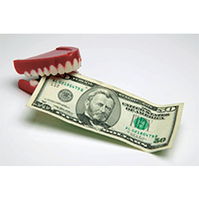 Toy denture biting a $50 bill
