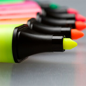 Yellow, Orange, Red, Pink Green markers