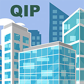 Blue and White buildings with initials QIP 