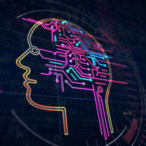 outlined neon colored head indicating software intelligence