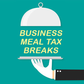 Teal box with serving tray expressing tax breaks for business meals "Business Meal Tax Breaks"