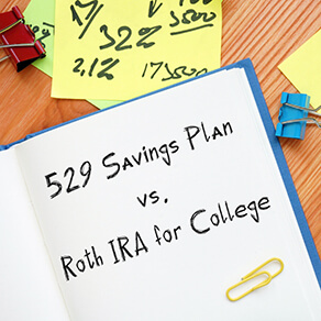 Open book with 529 Savings Plan vs. Roth IRA for College on page