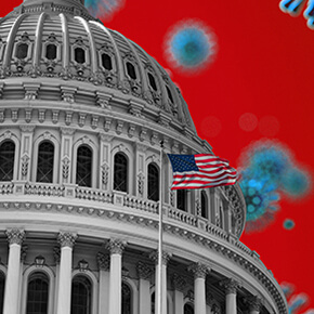 Capitol building with American flag in front and COVID-19 molecule background