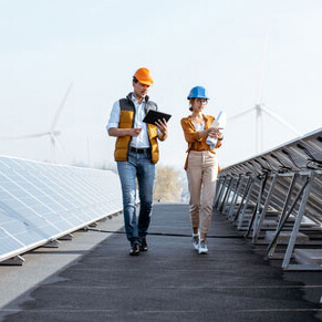 Male and Female engineers walking on roof with solar panels and windmills in the background for alternative energy