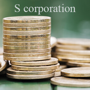 Large stack of gold coins with multiple shorter stacks of gold coins with the words S corporation above