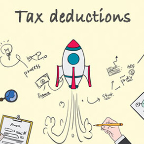 "Cartoon" looking rocket being drawn by a hand along with doodles to illustrate a process and the words "tax deductions"