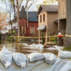 Flooded street with sandbags in front of homes