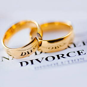 Two wedding rings interlocked laying over the words "divorced"