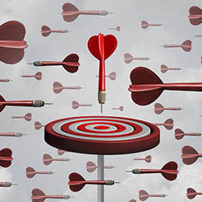3D illustration of arrows shooting at all directions at a floating red dartboard