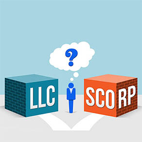 Block image of LLC and Block image of SCORP with cartoon image of man in the middle with question mark bubble over his head