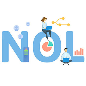 Letters "NOL" with cartoon business men and women sitting on the letters