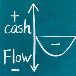 Diagram with a vertical arrow, a plus sign with the word “cash” at top of arrow, a minus sign with the word “flow” at the bottom of the arrow