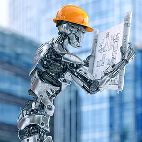Robot foreman engineer in hardhat holding construction drawings against city background. Android, humanoid or cyborg artificial intelligence technology concept. Clipping path included.3D illustration.