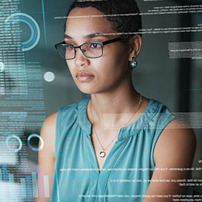 Computer data overlaid with woman looking intensely at something close