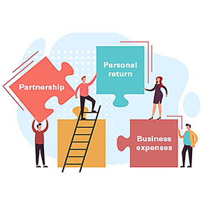 Cartoon image of people on a step ladder piecing together a puzzle with the words "Partnership." "Personal return" and "business expenses"