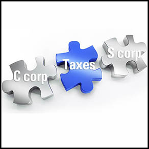 Blue and silver Puzzle pieces - 3D illustration with words C corp, Taxes, and S corp