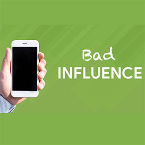 Green background and hand holding cell phone with words "bad influence"